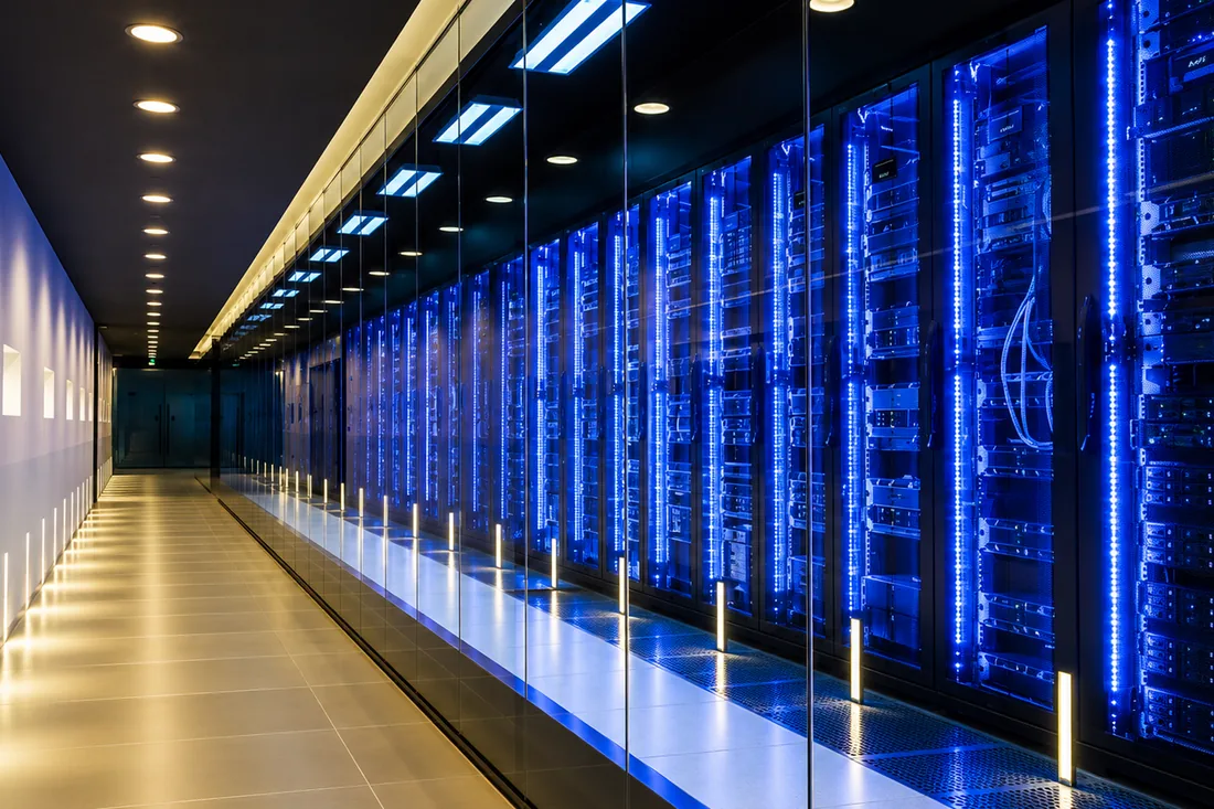 Corredor de data center com racks de servidores iluminados em azul.